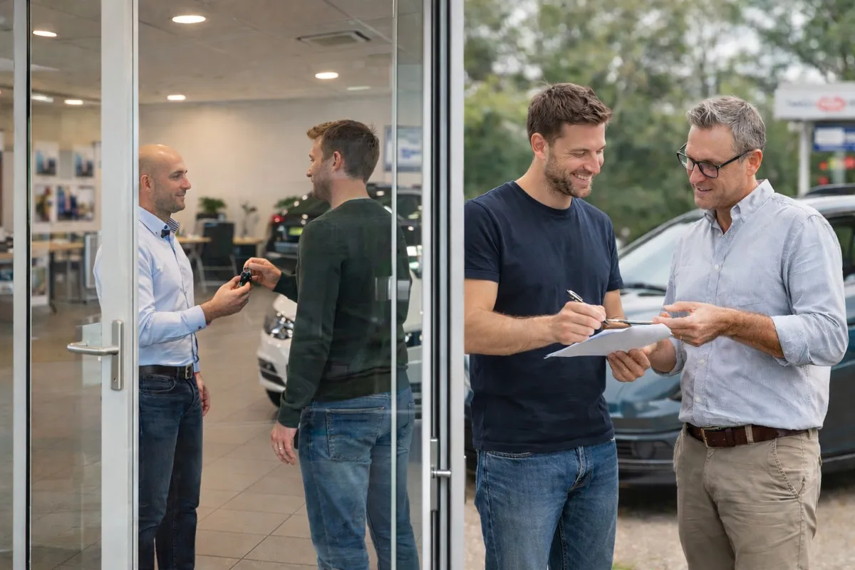 Twee mannen tekenen een koopcontract bij een autodealer met auto's op de achtergrond