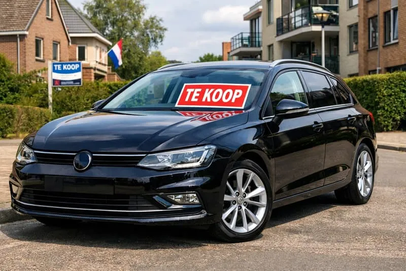 Zwarte Volkswagen Golf met Te Koop bord achter de voorruit geparkeerd in een Nederlandse woonwijk