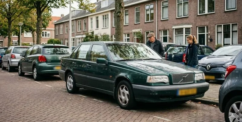 Oudere groene Volvo sedan geparkeerd in een Nederlandse straat terwijl twee mensen de auto bekijken