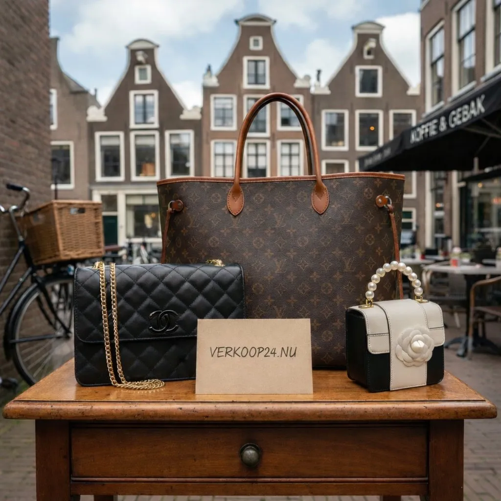 Luxe designer handtassen van bekende merken naast elkaar uitgestald