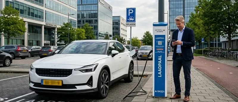 Witte elektrische auto aan het opladen bij een Nederlandse laadpaal terwijl de eigenaar op zijn telefoon kijkt
