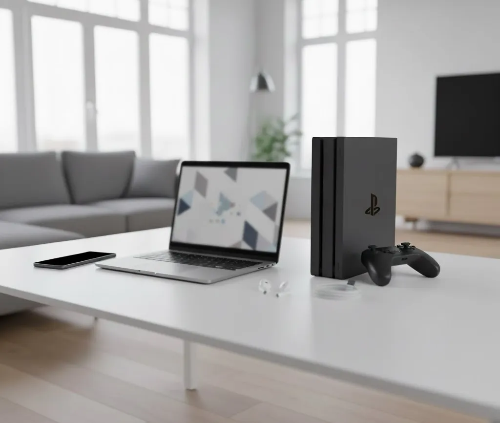 Smartphone met hoesje laptop en gameconsole netjes bij elkaar op een bureau