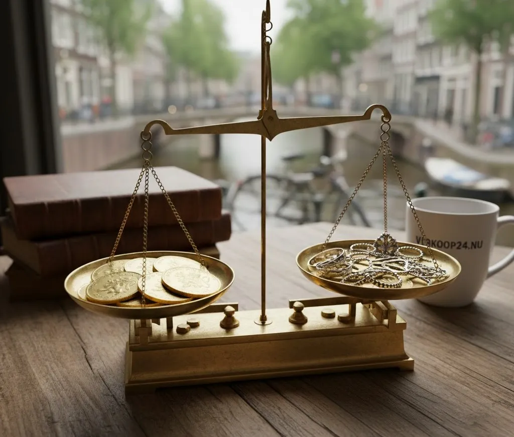 Gouden munten en zilveren sieraden uitgestald op een weegschaal bij een edelmetaalhandelaar