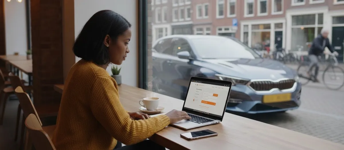 Vrouw zoekt online haar auto waarde op achter een laptop in een café met een auto zichtbaar door het raam