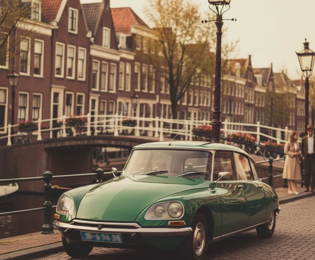 Groene klassieke Citroën DS geparkeerd bij een gracht in Amsterdam met grachtenpanden en een witte brug op de achtergrond