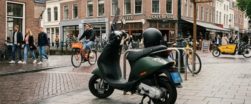 Groene scooter met helm geparkeerd op een druk plein in het centrum van Utrecht met voorbijgangers en terrassen