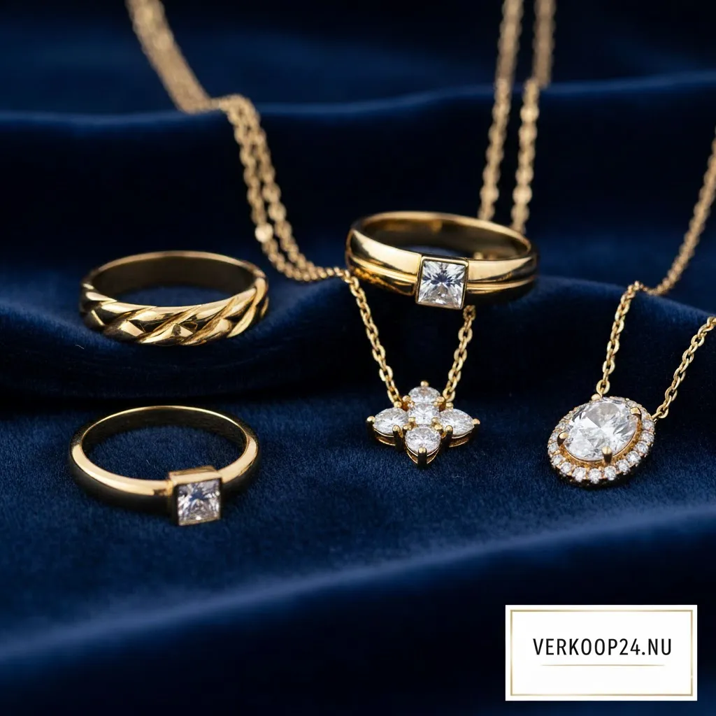 Gouden sieraden en ringen uitgestald op een donker fluwelen oppervlak