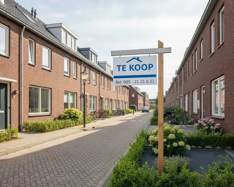 Nederlandse grachtenpanden met Te Koop borden als symbool voor vastgoedverkoop