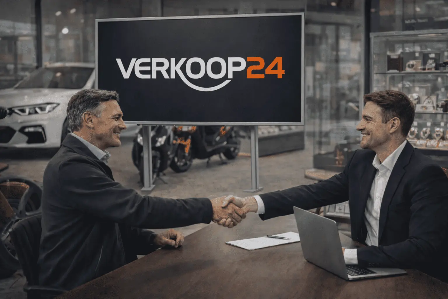 Blije verkoper schudt hand met Verkoop24 medewerker na een succesvolle verkoop