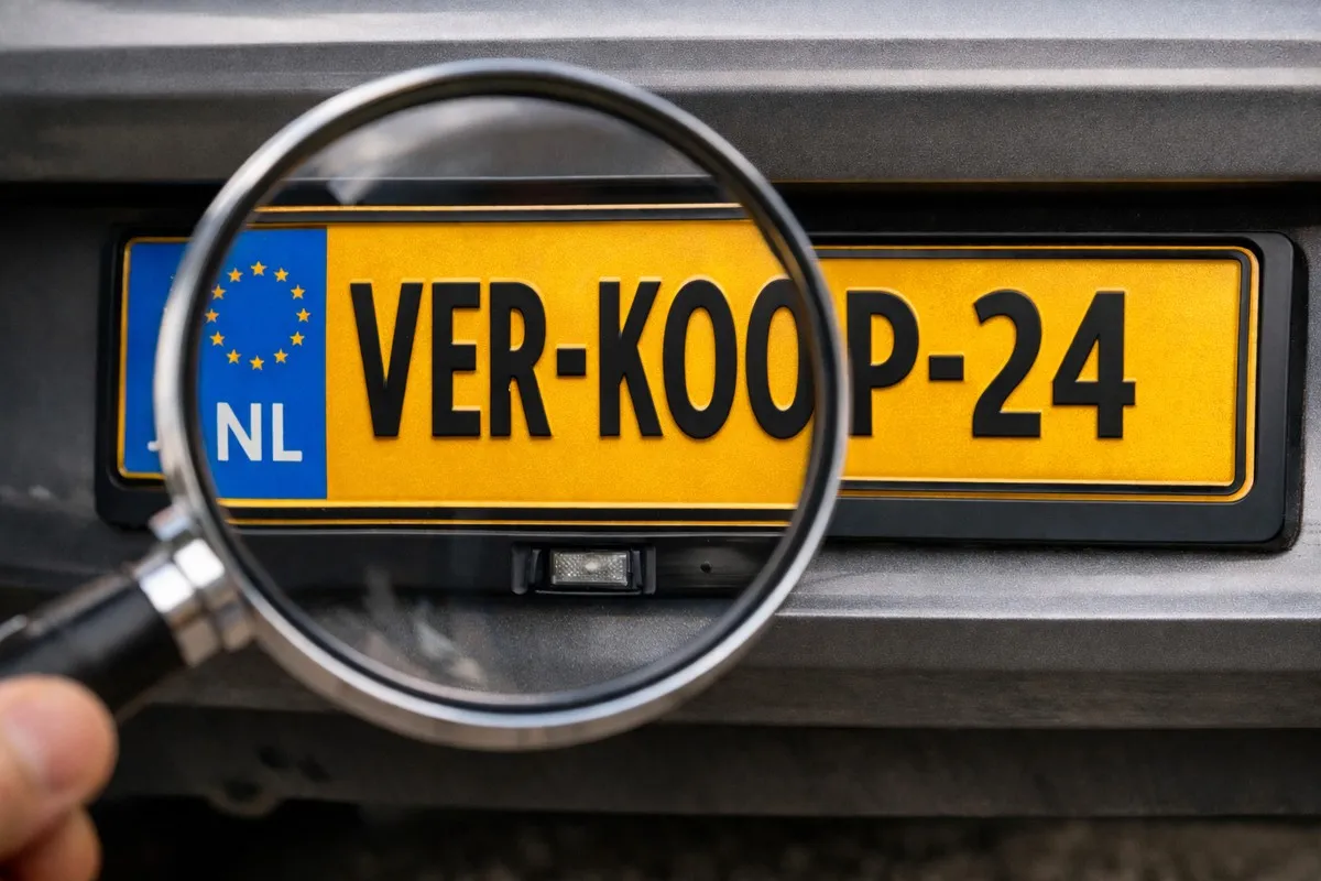Nederlands kenteken VER-KOOP-24 bekeken door een vergrootglas als symbool voor autowaarde onderzoek